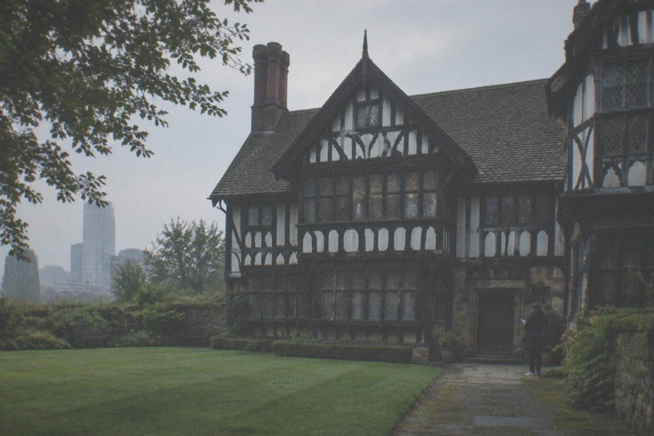 The timber-framed frontage of Ordsall Hall in Salford, a free Tudor gem set in lawns a short walk from Manchester city centre